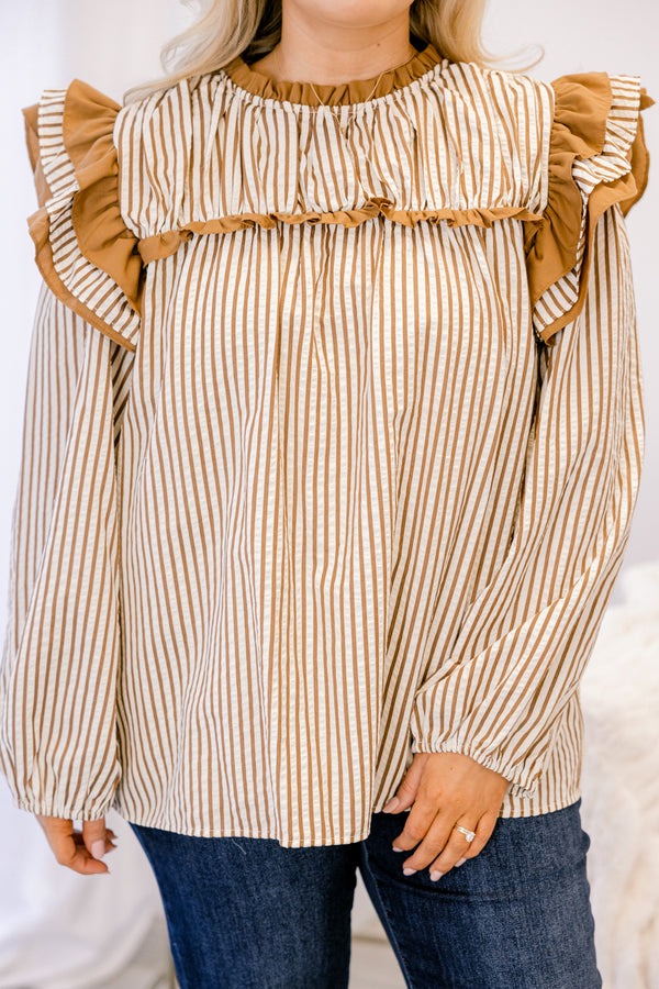 Chic Soul plus size clothing, brown and white horizontal pin stripe long sleeve top with big ruffles on the shoulders