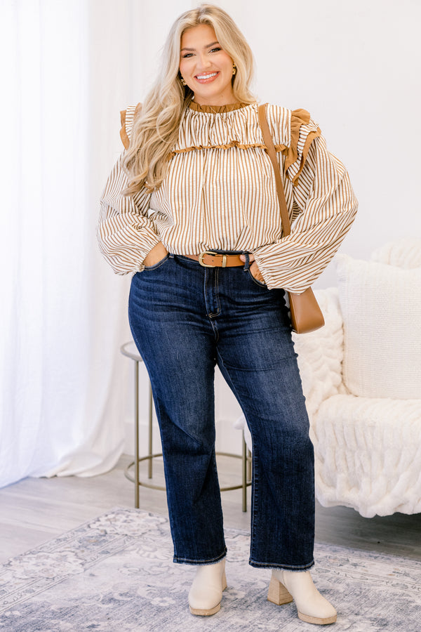 Chic Soul plus size clothing, brown and white horizontal pin stripe long sleeve top with big ruffles on the shoulders