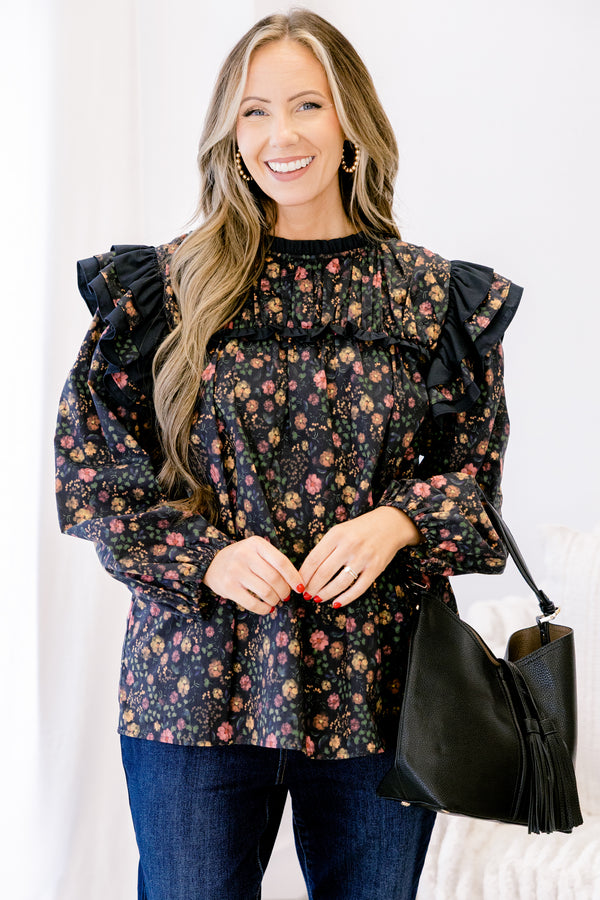 Chic Soul plus size clothing, black long sleeve top with ditsy yellow and pink floral pattern and black trim ruffle at the shoulders