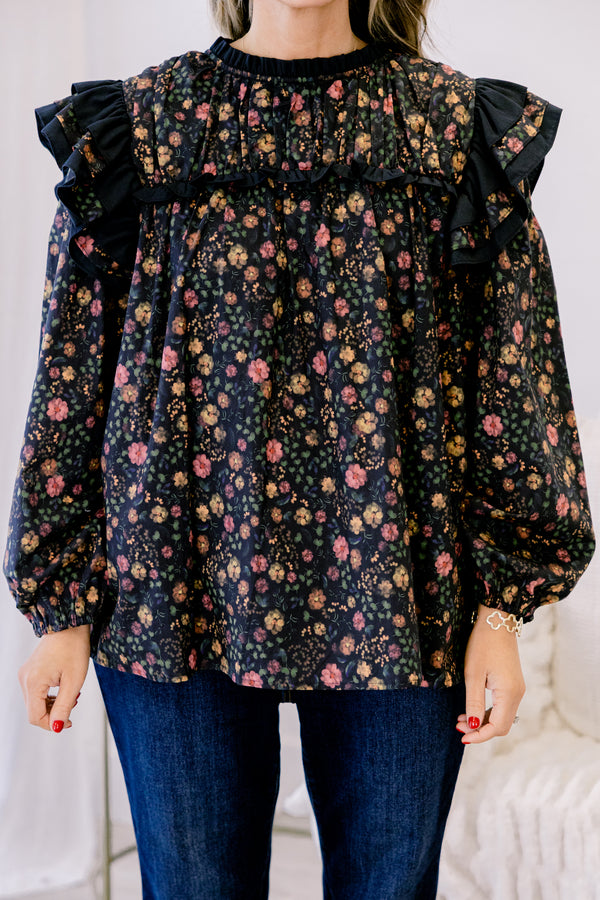 Chic Soul plus size clothing, black long sleeve top with ditsy yellow and pink floral pattern and black trim ruffle at the shoulders