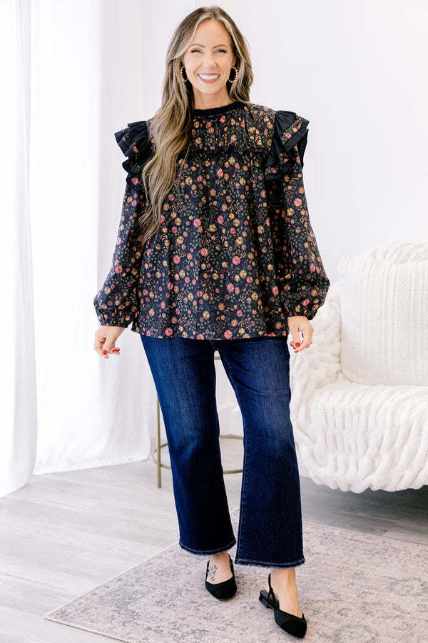 Chic Soul plus size clothing, black long sleeve top with ditsy yellow and pink floral pattern and black trim ruffle at the shoulders
