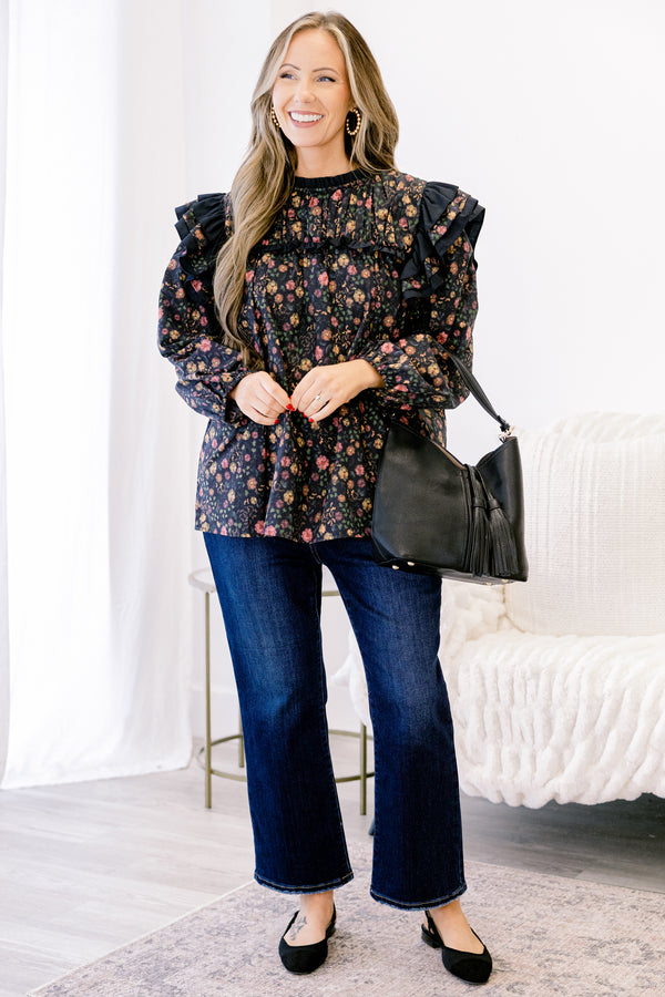 Chic Soul plus size clothing, black long sleeve top with ditsy yellow and pink floral pattern and black trim ruffle at the shoulders