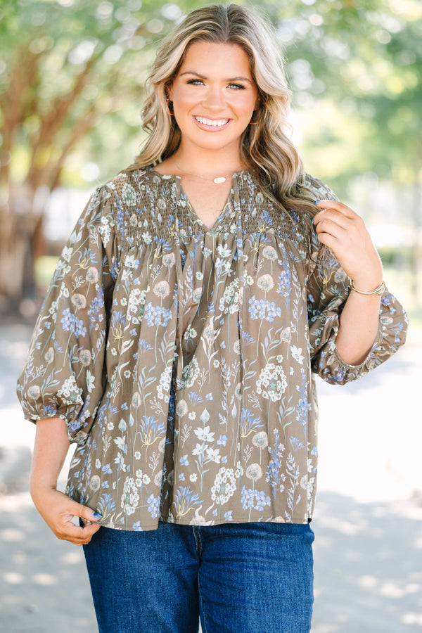 Plus Size brown floral cotton top with smocked yoke, V-neckline, and 3/4 puff sleeves.