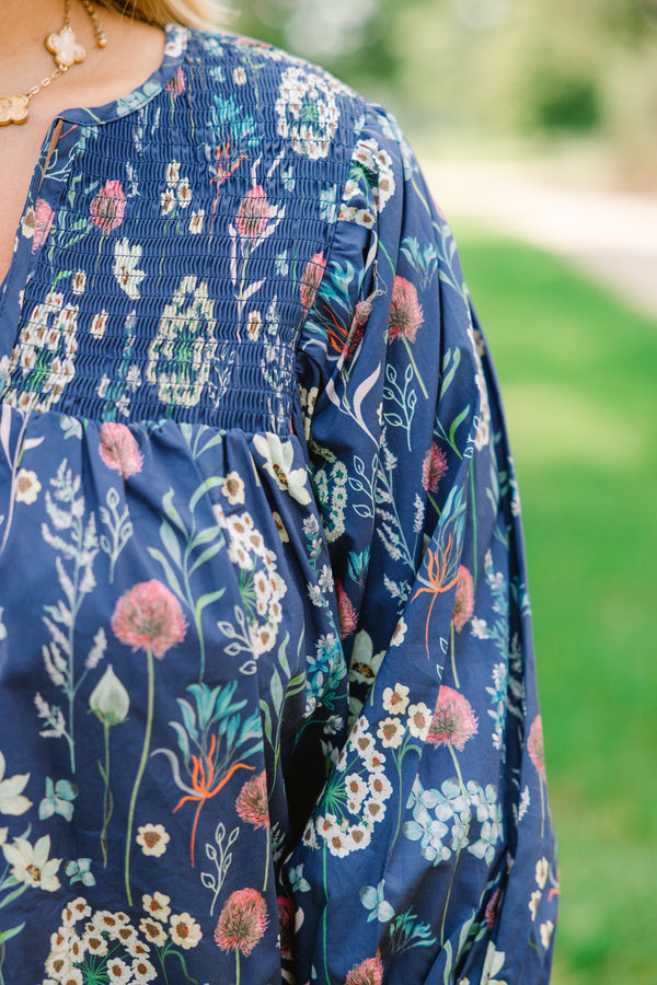 Chic Soul plus size clothing, dusty blue top with bubble sleeves and a floral pattern throughout 