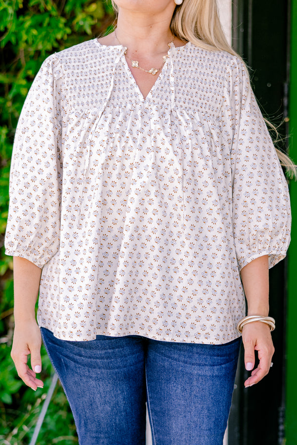 Chic Soul plus size clothing, ivory long sleeve top with a floral block pattern and slight v-neckline 
