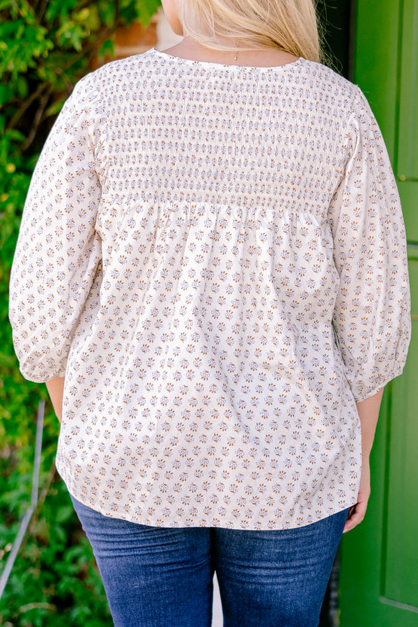 Chic Soul plus size clothing, ivory long sleeve top with a floral block pattern and slight v-neckline 