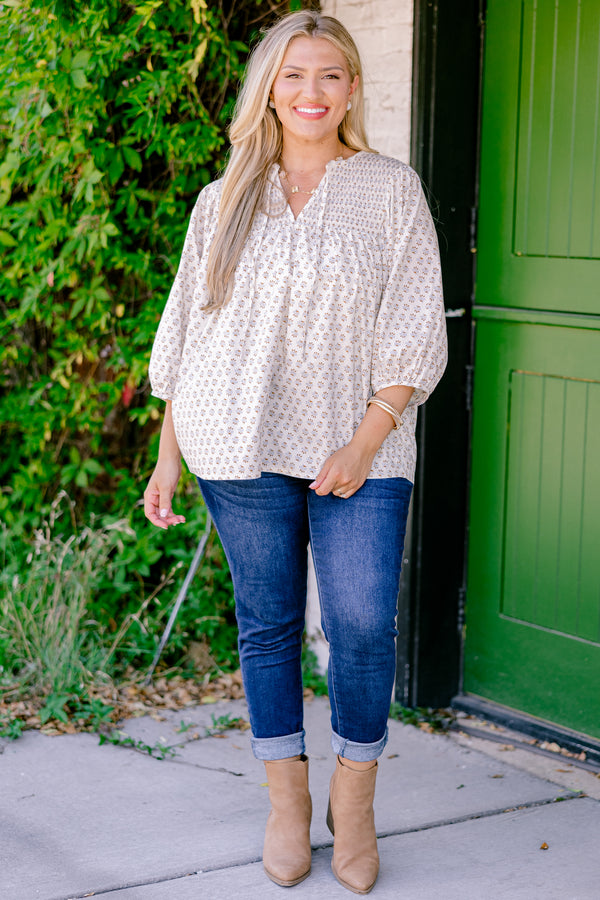 Chic Soul plus size clothing, ivory long sleeve top with a floral block pattern and slight v-neckline 