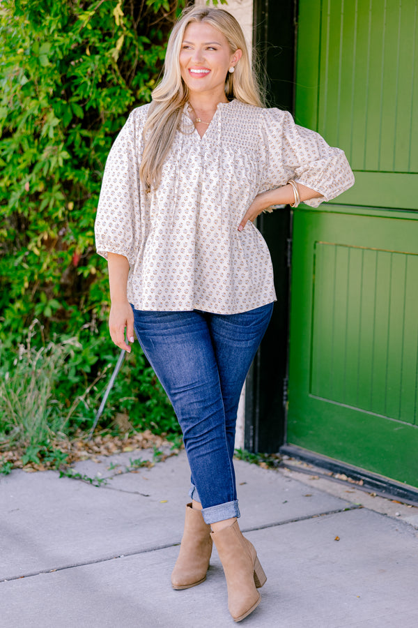 Chic Soul plus size clothing, ivory long sleeve top with a floral block pattern and slight v-neckline 