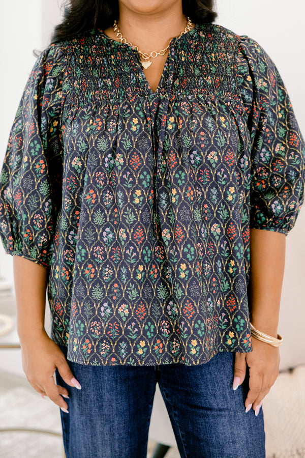 Chic Soul plus size clothing, navy and floral abstract pattern mid puff sleeve top with v-neckline and cinching at the end of the sleeves