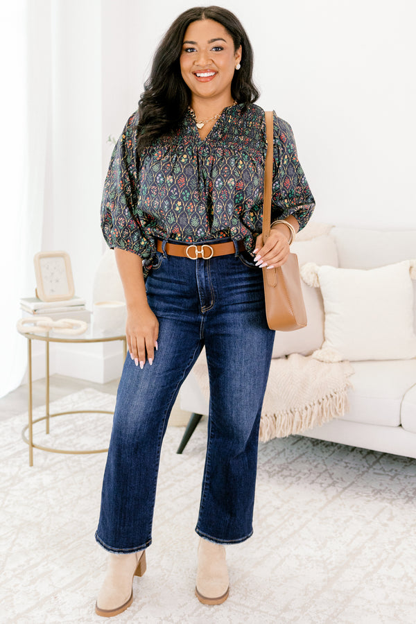 Chic Soul plus size clothing, navy and floral abstract pattern mid puff sleeve top with v-neckline and cinching at the end of the sleeves