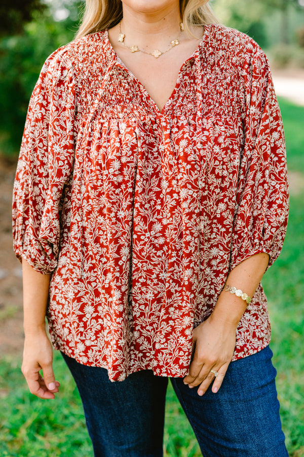 Chic Soul plus size clothing, dark red 3/4 sleeve top with white floral print