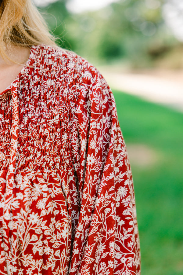 Chic Soul plus size clothing, dark red 3/4 sleeve top with white floral print