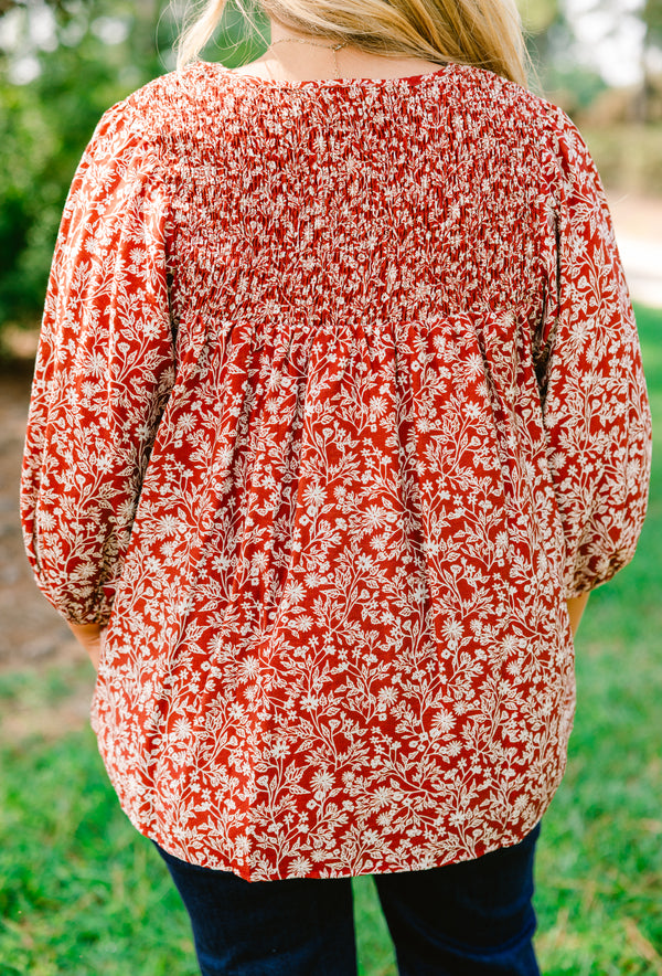Chic Soul plus size clothing, dark red 3/4 sleeve top with white floral print