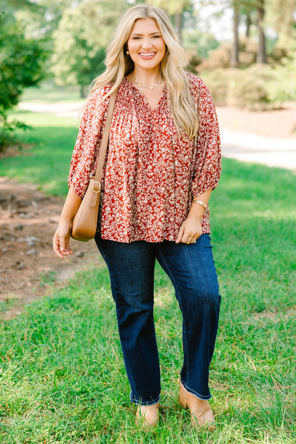 Chic Soul plus size clothing, dark red 3/4 sleeve top with white floral print