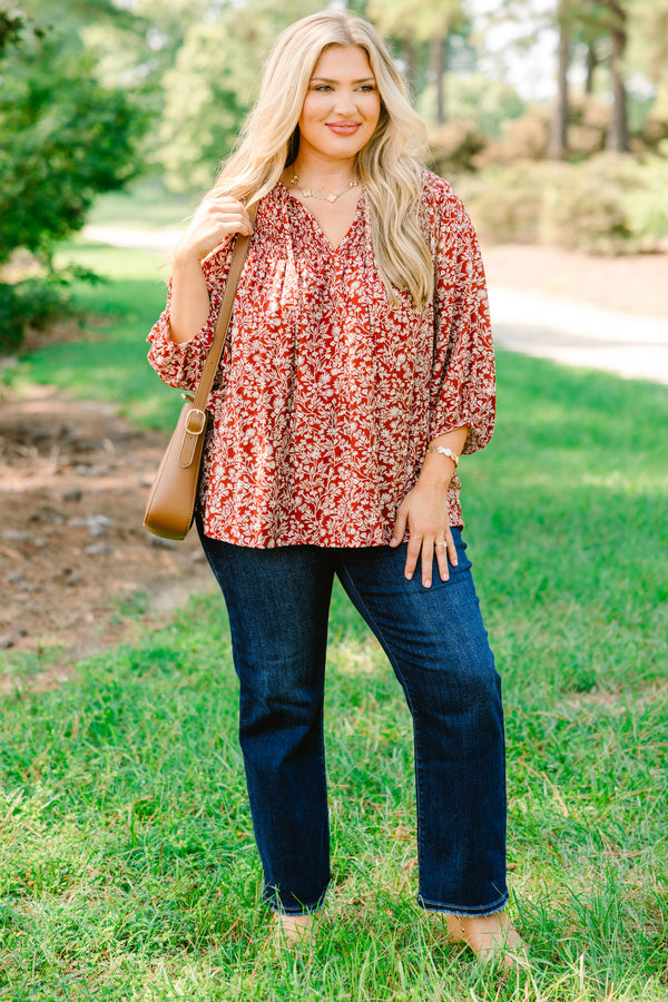 Chic Soul plus size clothing, dark red 3/4 sleeve top with white floral print