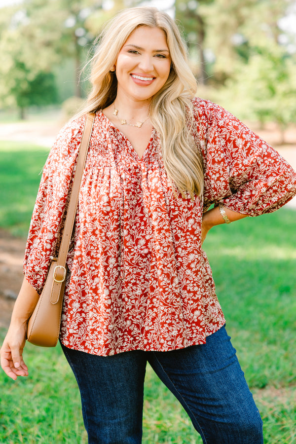 Chic Soul plus size clothing, dark red 3/4 sleeve top with white floral print