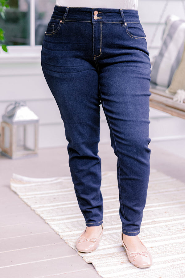 Chic Soul plus size clothing, dark wash full length denim jeggings with a finished hem