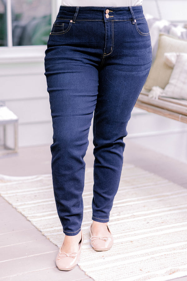 Chic Soul plus size clothing, dark wash full length denim jeggings with a finished hem