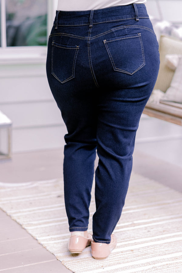Chic Soul plus size clothing, dark wash full length denim jeggings with a finished hem