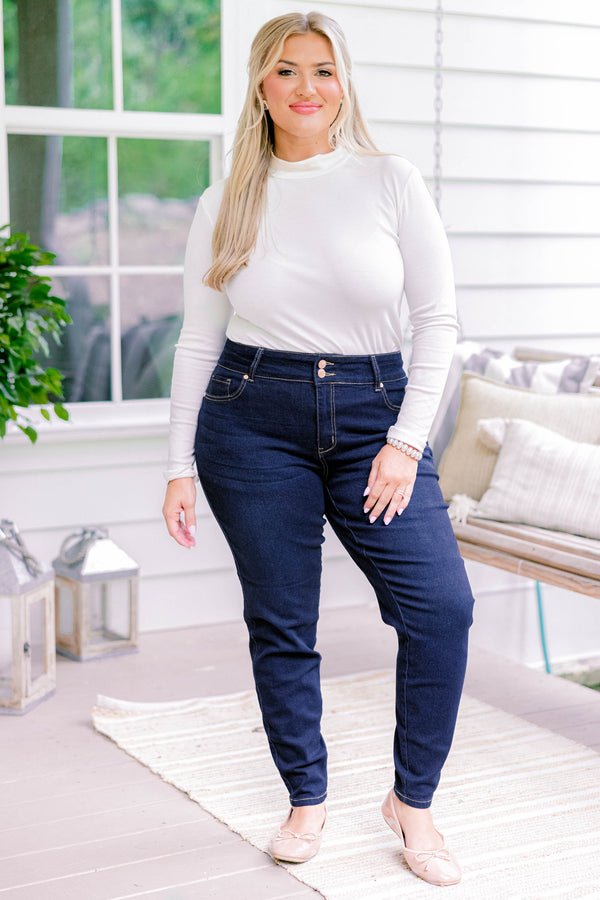 Chic Soul plus size clothing, dark wash full length denim jeggings with a finished hem