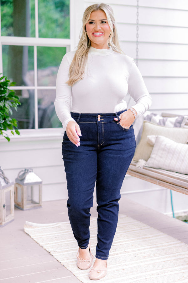 Chic Soul plus size clothing, dark wash full length denim jeggings with a finished hem