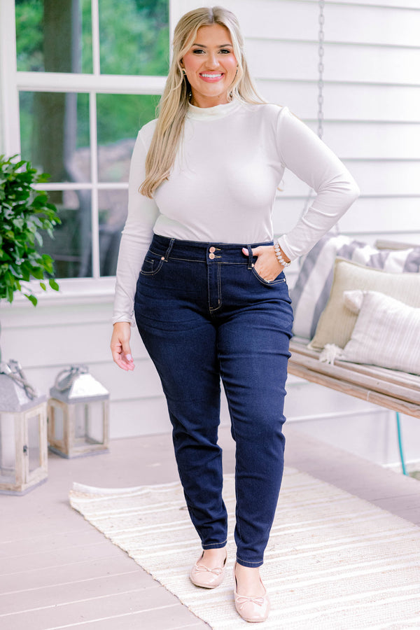Chic Soul plus size clothing, dark wash full length denim jeggings with a finished hem