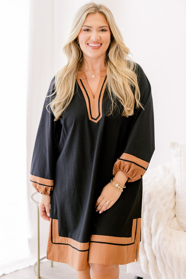 Chic Soul plus size clothing, black long bubble sleeve short dress with camel brown edges at the bottom of the dress and the sleeves and bordered the v-neckline 