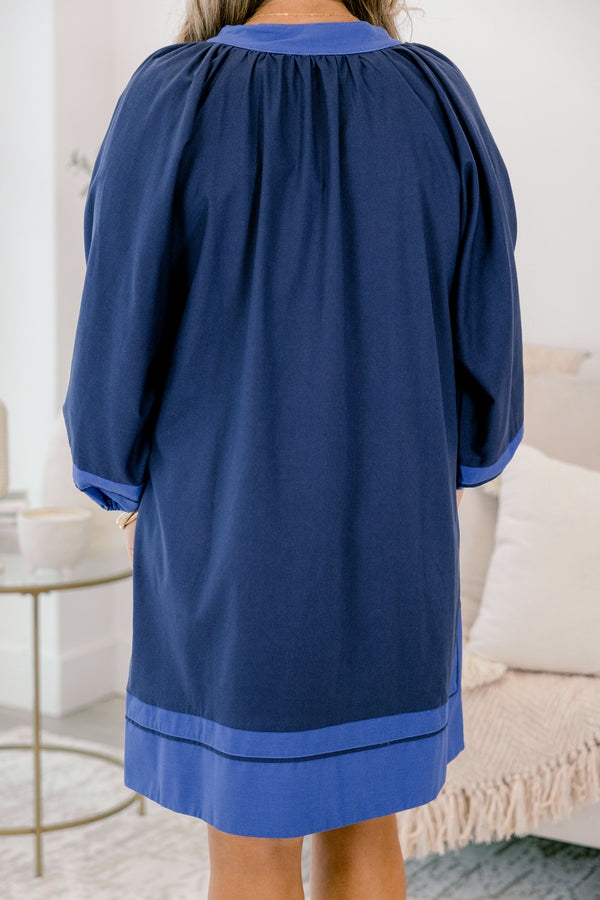 Chic Soul plus size clothing, navy long bubble sleeve short dress with light blue edges at the bottom of the dress and the sleeves and bordered the v-neckline 