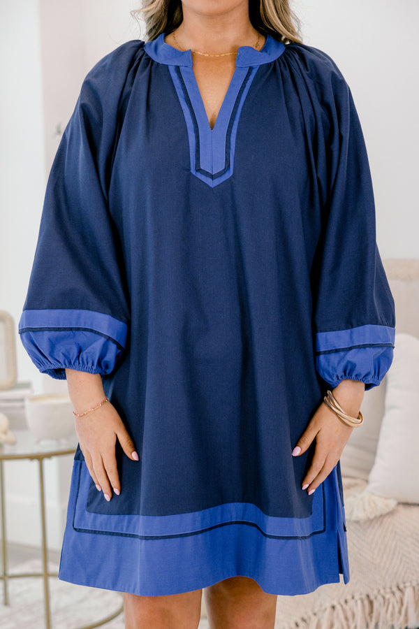 Chic Soul plus size clothing, navy long bubble sleeve short dress with light blue edges at the bottom of the dress and the sleeves and bordered the v-neckline 