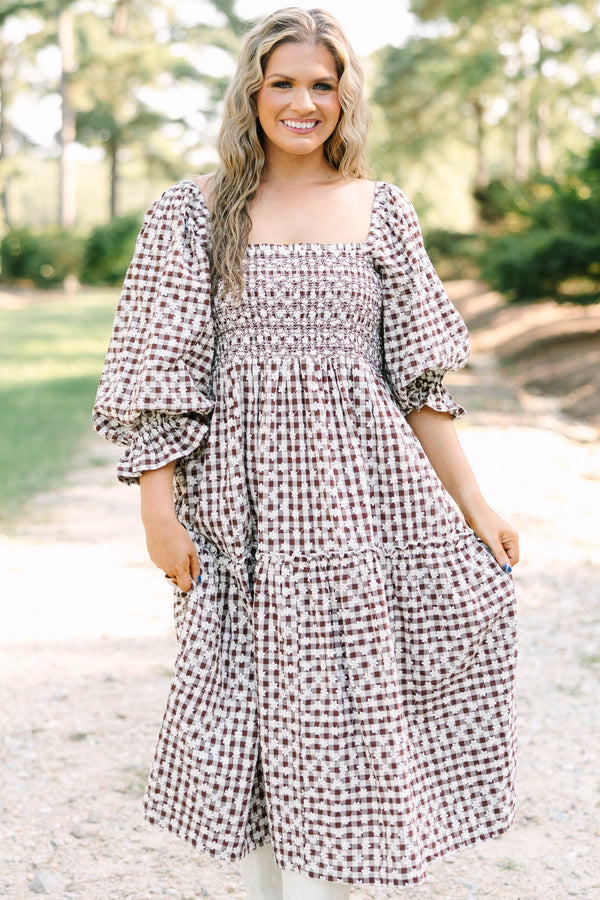 Plus size clothing, brown gingham midi dress with floral embroidery