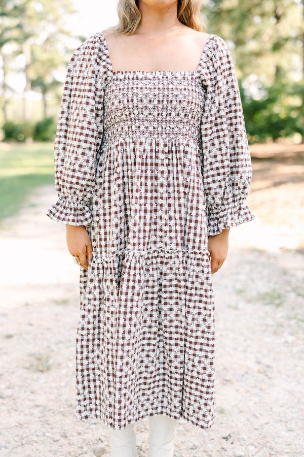 Plus size clothing, brown gingham midi dress with floral embroidery
