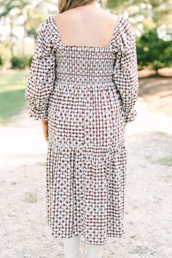Plus size clothing, brown gingham midi dress with floral embroidery