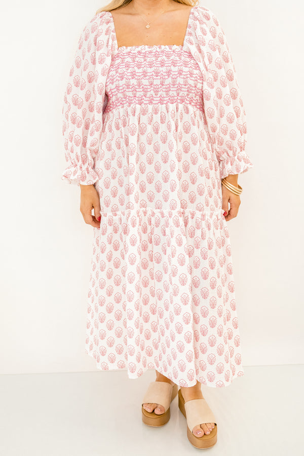 Chic Soul plus size clothing, light cream  long sleeve dress with smocked chest, square neckline, balloon sleeves, and pink emrboidered floral print