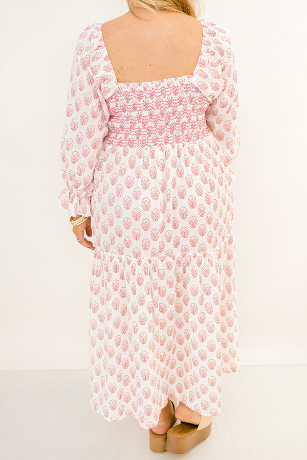 Chic Soul plus size clothing, light cream  long sleeve dress with smocked chest, square neckline, balloon sleeves, and pink emrboidered floral print