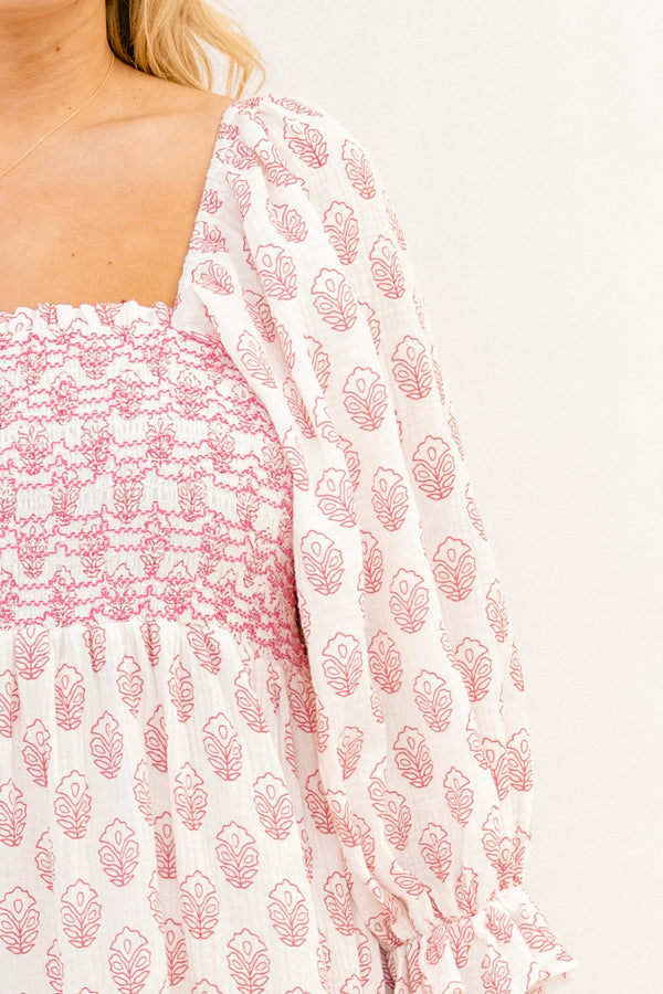 Chic Soul plus size clothing, light cream  long sleeve dress with smocked chest, square neckline, balloon sleeves, and pink emrboidered floral print