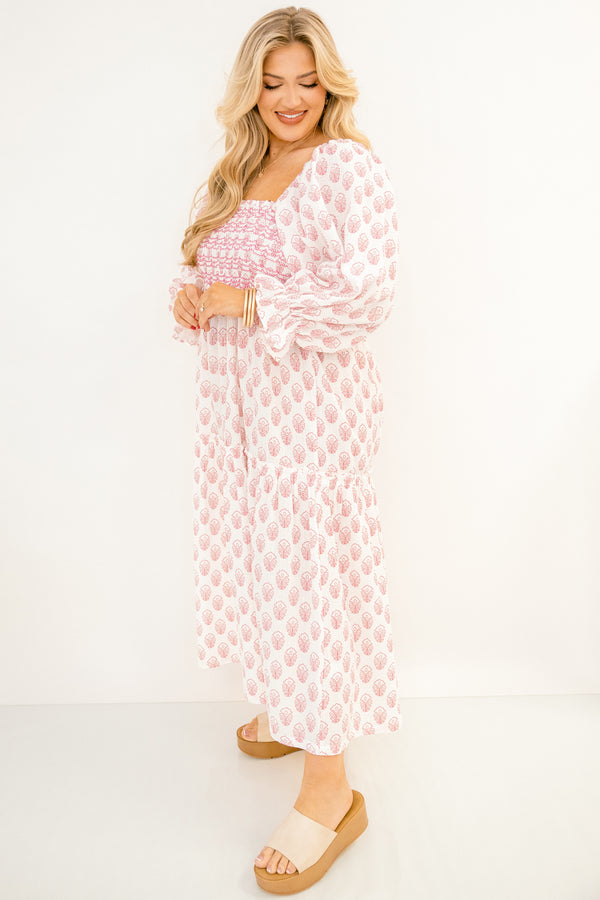 Chic Soul plus size clothing, light cream  long sleeve dress with smocked chest, square neckline, balloon sleeves, and pink emrboidered floral print