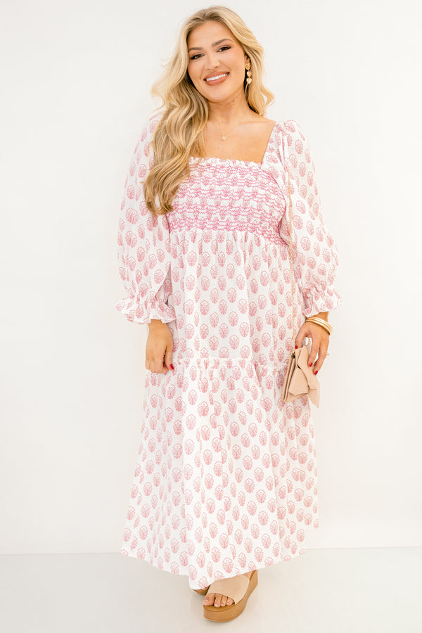 Chic Soul plus size clothing, light cream  long sleeve dress with smocked chest, square neckline, balloon sleeves, and pink emrboidered floral print