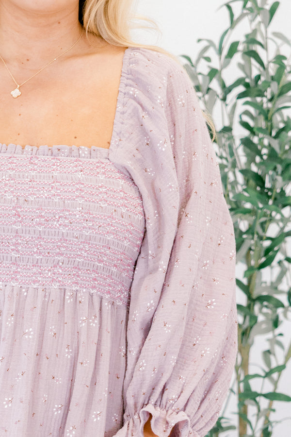 Chic Soul plus size clothing, light lilac purple long sleeve dress with smocked chest, square neckline, balloon sleeves, and white emrboidered floral print