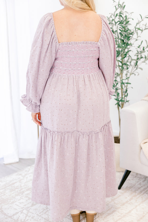Chic Soul plus size clothing, light lilac purple long sleeve dress with smocked chest, square neckline, balloon sleeves, and white emrboidered floral print