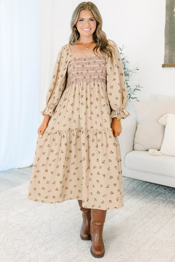 Plus Size taupe floral cotton midi dress with smocked bodice, square neck, and long puff sleeves.