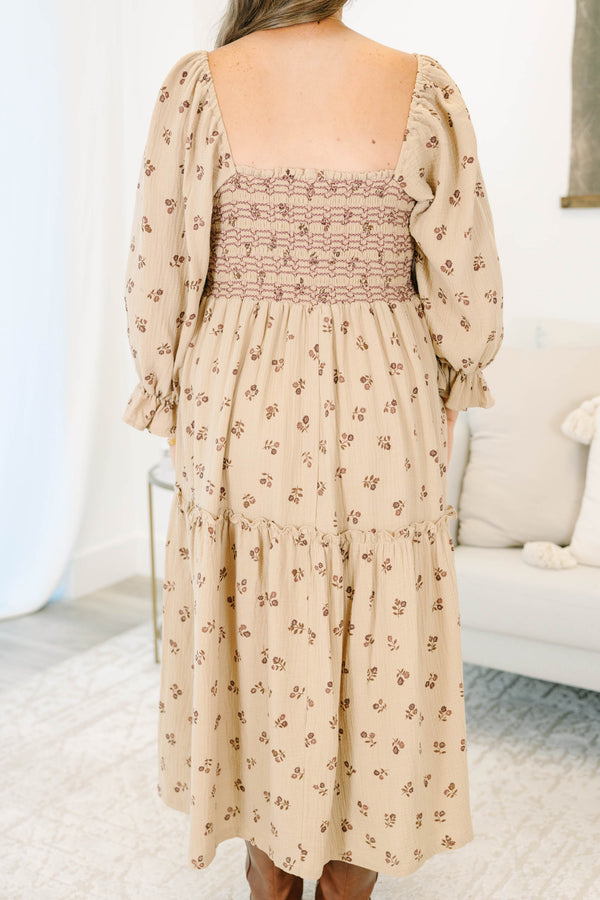 Plus Size taupe floral cotton midi dress with smocked bodice, square neck, and long puff sleeves.