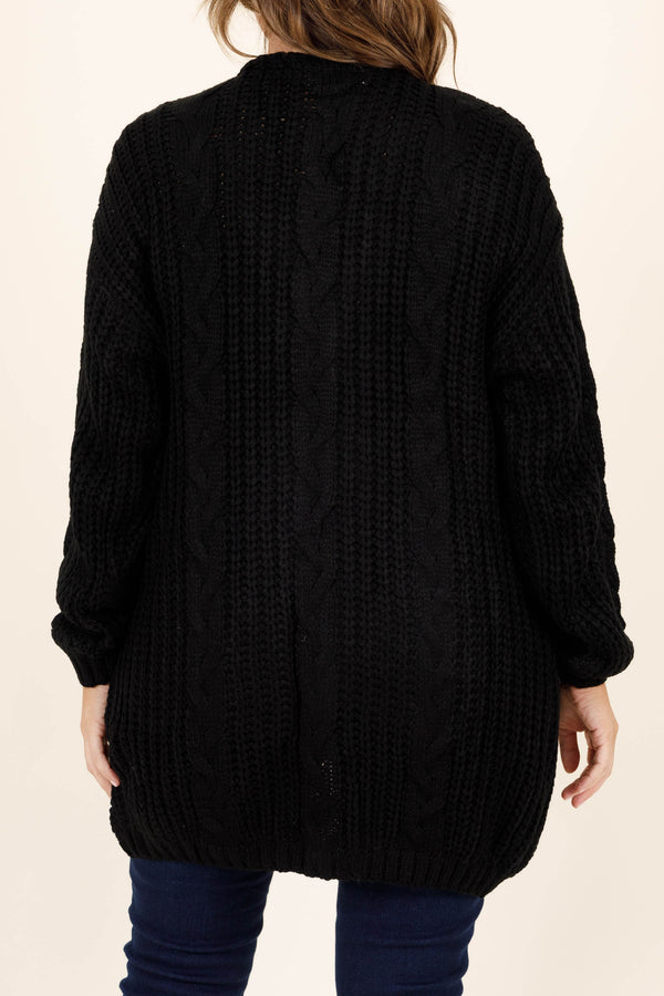 Chic Soul plus size clothing, black soft crochet style thigh length cardigan top