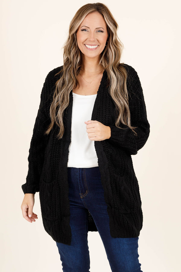 Chic Soul plus size clothing, black soft crochet style thigh length cardigan top