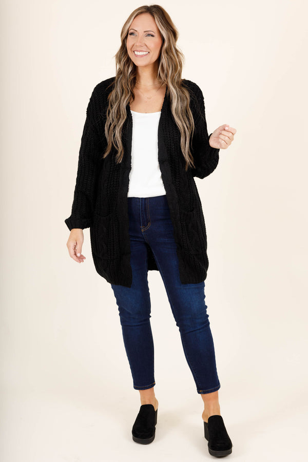 Chic Soul plus size clothing, black soft crochet style thigh length cardigan top