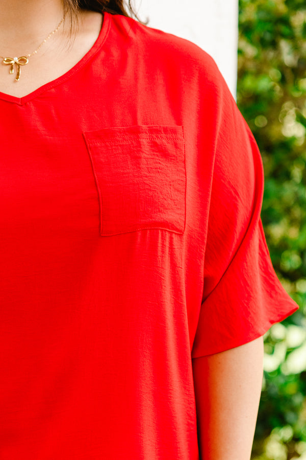 Chic Soul plus size clothing, red short sleeve plain top with chest pocket and v neckline