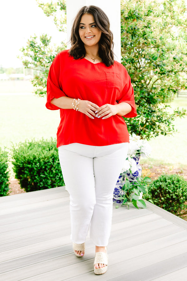 Chic Soul plus size clothing, red short sleeve plain top with chest pocket and v neckline