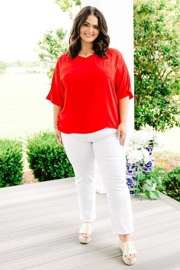 Chic Soul plus size clothing, red short sleeve plain top with chest pocket and v neckline
