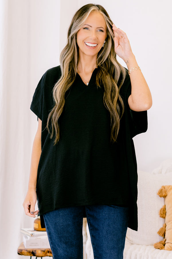 Chic Soul plus size clothing, black flowy top with a v neck