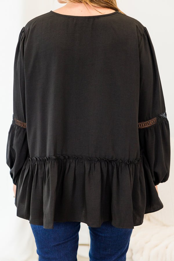 Chic Soul plus size clothing, black long sleeve top with eyelet detail along neckline and sleeves with cuff bubble sleeves with ruffle detail