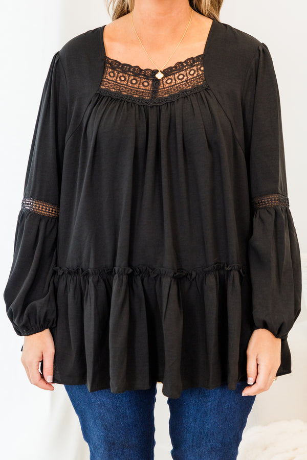 Chic Soul plus size clothing, black long sleeve top with eyelet detail along neckline and sleeves with cuff bubble sleeves with ruffle detail